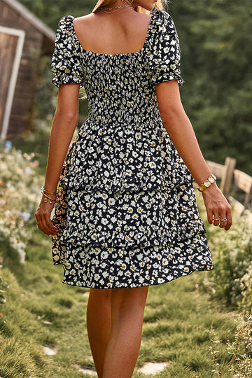 Fuera del Hombro Vestido de Verano Estampado Floral Negro